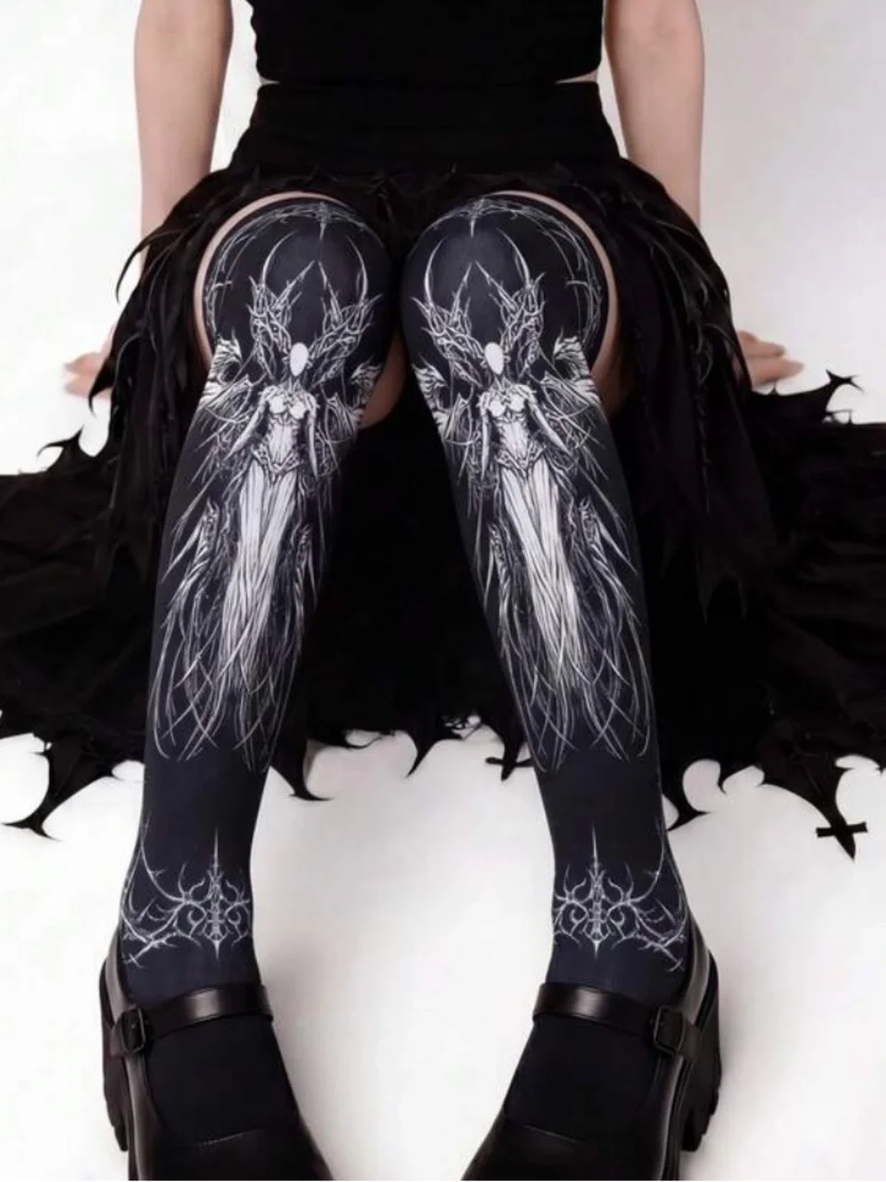 Gothic Angel Graphic Over-the-Knee Tights - Black/White